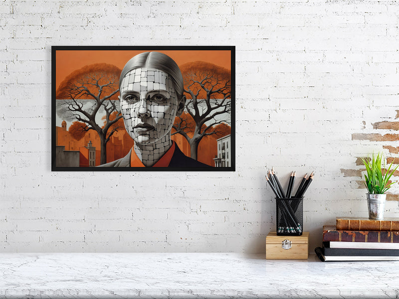 Fragments Of The Orange Labyrinth - Roots Of Identity by Marina Sable – Giclée Print, 40cm x 60cm, 15.8in x 23.6in, Print Only, placed above a sleek desk in a modern workspace