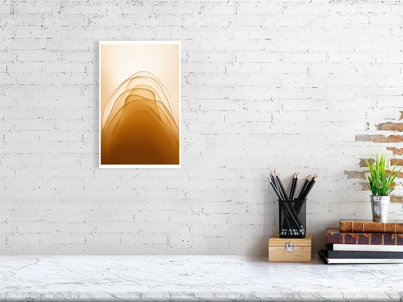 Golden Lumina - Golden Layers by Lucas Vale – Giclée Print, 31cm x 41cm, 12.1in x 16.1in, Print Only, placed above a sleek desk in a modern workspace