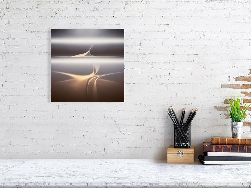 Golden Lumina - Veil Of Light by Lucas Vale – Giclée Print, 70cm x 100cm, 27.6in x 39.4in, Black Frame, placed above a sleek desk in a modern workspace