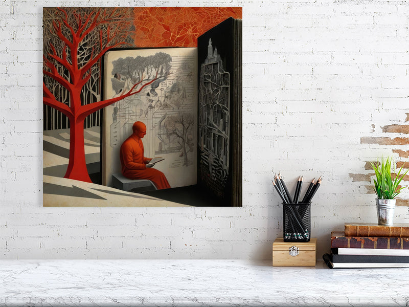 Fragments Of The Orange Labyrinth - Ethereal Library by Marina Sable – Giclée Print, 60cm x 80cm, 23.8in x 31.5in, Black Frame, placed above a sleek desk in a modern workspace