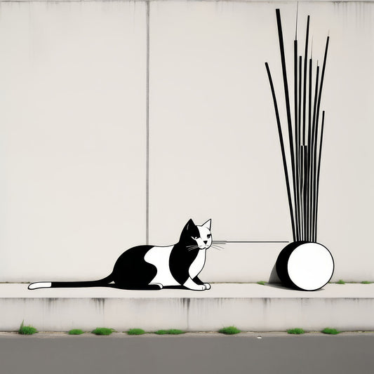 The Tale Of A Cat - Pt 1 - Linear Curiosity by Elena Selene – Giclée Print, 63cm x 63cm, 24.8in x 25.0in, Print Only, placed above a sleek desk in a modern workspace