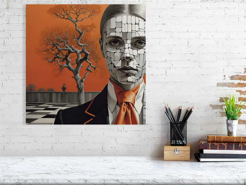 Fragments Of The Orange Labyrinth - Shattered Identity by Marina Sable – Giclée Print, 60cm x 80cm, 23.8in x 31.5in, Black Frame, placed above a sleek desk in a modern workspace