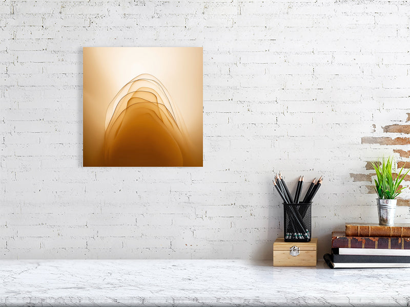 Golden Lumina - Golden Layers by Lucas Vale – Giclée Print, 70cm x 100cm, 27.6in x 39.4in, White Frame, placed above a sleek desk in a modern workspace