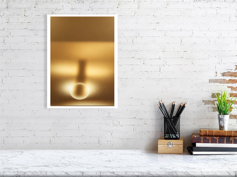 Golden Lumina - Radiant Horizon by Lucas Vale – Giclée Print, 60cm x 83cm, 23.8in x 32.7in, Print Only, placed above a sleek desk in a modern workspace