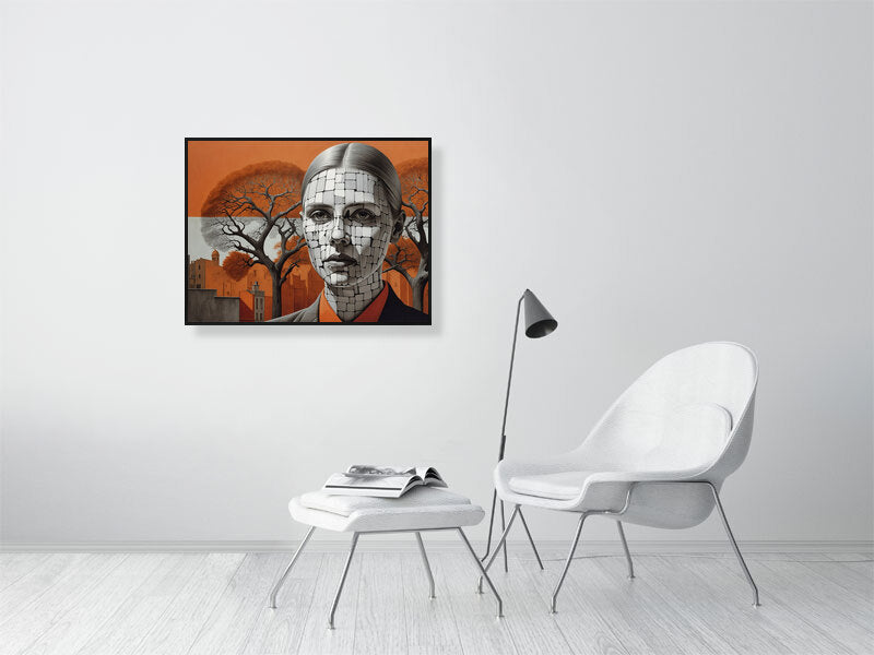 Fragments Of The Orange Labyrinth - Roots Of Identity by Marina Sable – Giclée Print, 28cm x 45cm, 11.1in x 17.7in, Print Only, placed above a sleek desk in a modern workspace