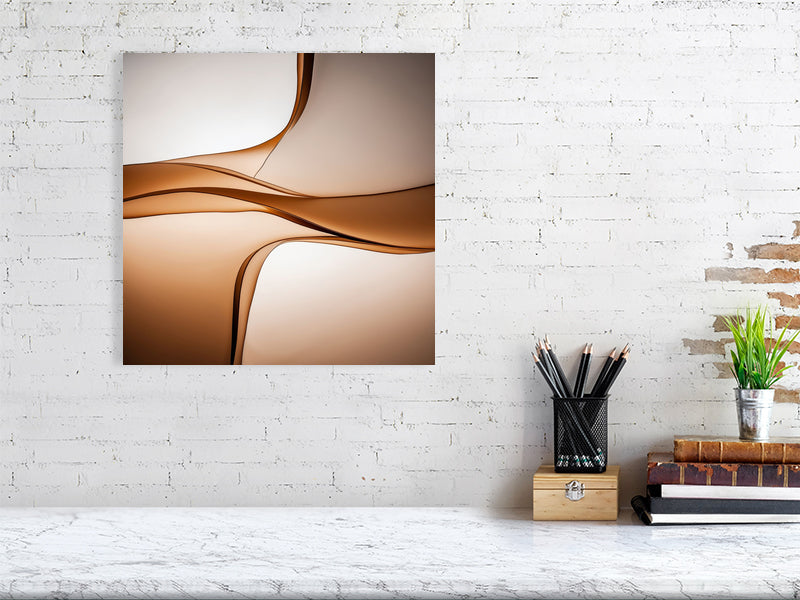 Golden Lumina - Sepia Flow by Lucas Vale – Giclée Print, 70cm x 100cm, 27.6in x 39.4in, Black Frame, placed above a sleek desk in a modern workspace