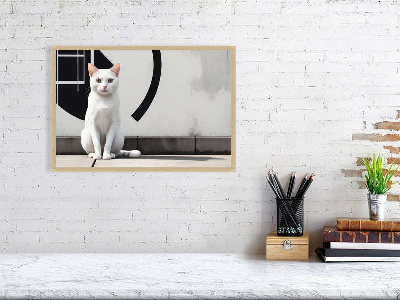 The Tale Of A Cat - Pt 1 - Gaze Of Simplicity by Elena Selene – Giclée Print, 84cm x 150cm, 33.2in x 59.1in, Print Only, placed above a sleek desk in a modern workspace