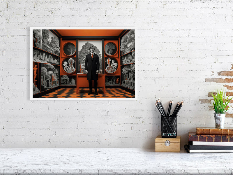 Fragments Of The Orange Labyrinth - Harbinger'S Study by Marina Sable – Giclée Print, 40cm x 60cm, 15.8in x 23.6in, Print Only, placed above a sleek desk in a modern workspace