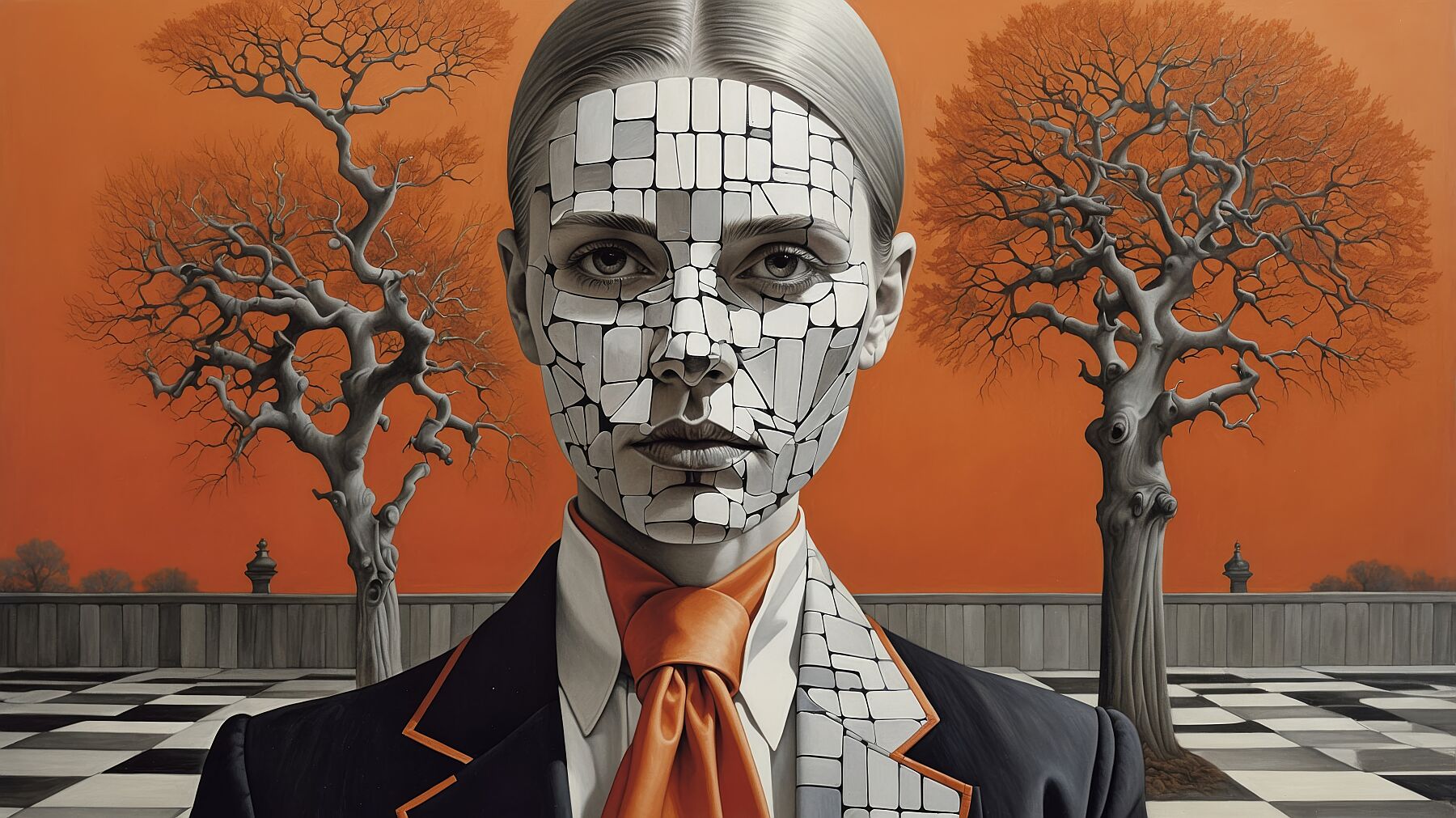 Fragments Of The Orange Labyrinth - Shattered Identity by Marina Sable – Giclée Print, 42cm x 59cm, 16.5in x 23.4in, Print Only, placed above a sleek desk in a modern workspace