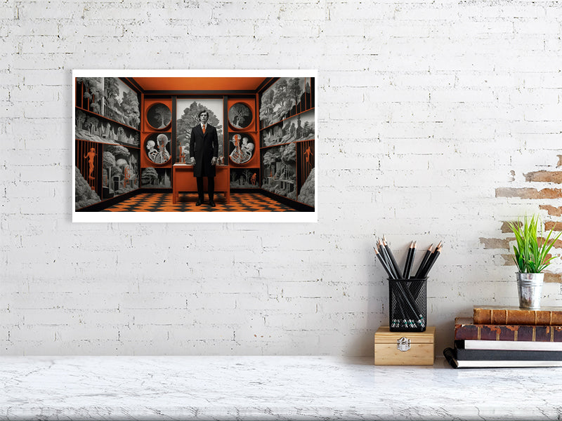 Fragments Of The Orange Labyrinth - Harbinger'S Study by Marina Sable – Giclée Print, 70cm x 100cm, 27.6in x 39.4in, Black Frame, placed above a sleek desk in a modern workspace