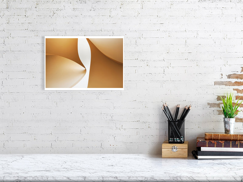 Golden Lumina - Golden Aperture by Lucas Vale – Giclée Print, 31cm x 41cm, 12.1in x 16.1in, Print Only, placed above a sleek desk in a modern workspace