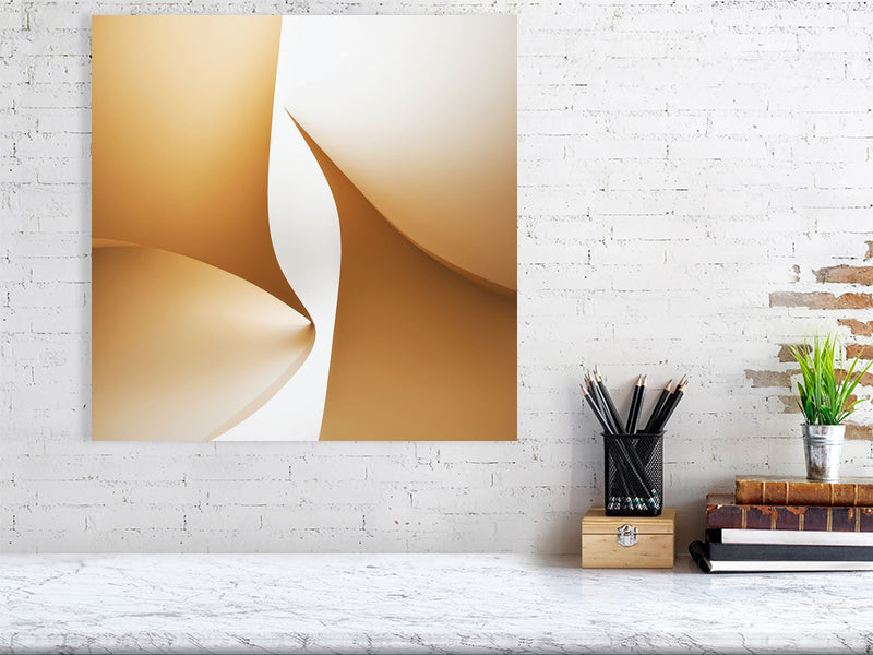 Golden Lumina - Golden Aperture by Lucas Vale – Giclée Print, 50cm x 50cm, 19.7in x 19.7in, White Frame, placed above a sleek desk in a modern workspace