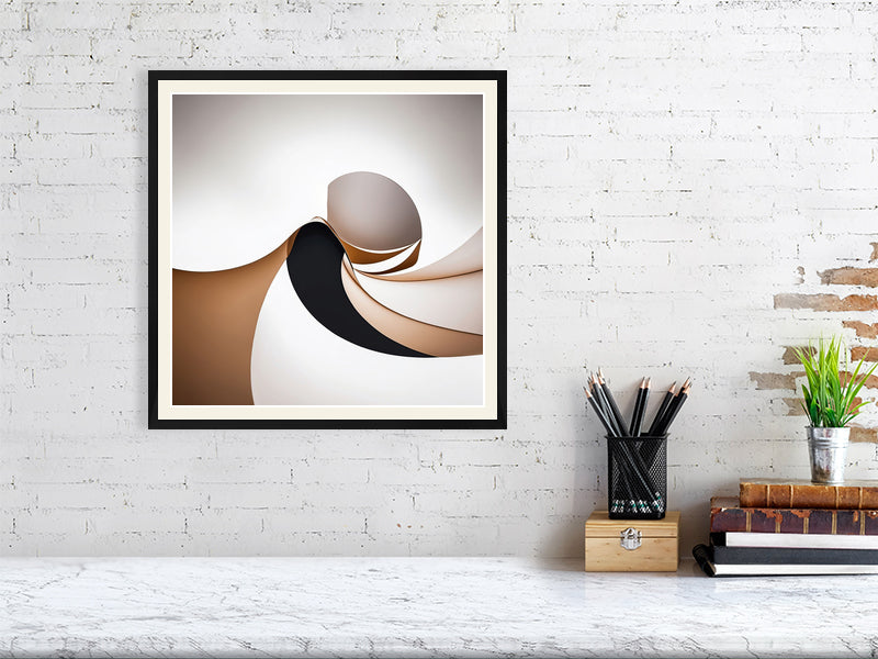 Golden Lumina - Spiral Interlude by Lucas Vale – Giclée Print, 50cm x 50cm, 19.7in x 19.7in, Print Only, placed above a sleek desk in a modern workspace