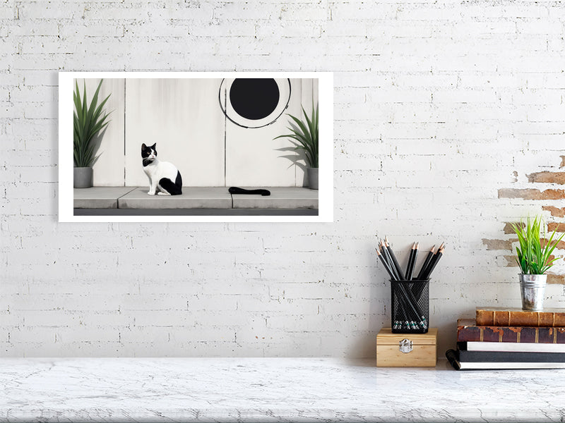 The Tale Of A Cat - Pt 1 - Quiet Patterns by Elena Selene – Giclée Print, 115cm x 205cm, 45.3in x 80.7in, Print Only, placed above a sleek desk in a modern workspace