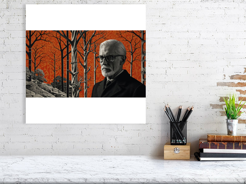 Fragments Of The Orange Labyrinth - The Watchful Grove by Marina Sable – Giclée Print, 60cm x 80cm, 23.8in x 31.5in, Black Frame, placed above a sleek desk in a modern workspace