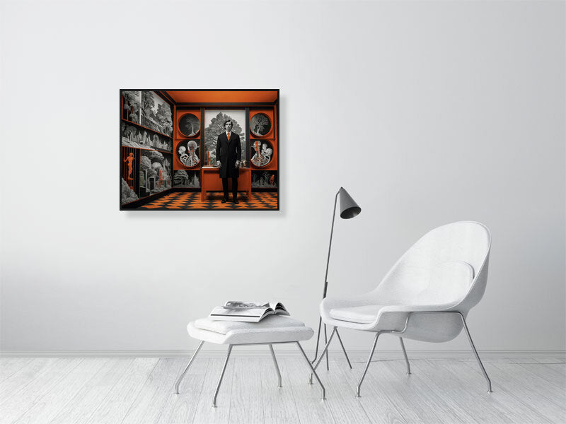 Fragments Of The Orange Labyrinth - Harbinger'S Study by Marina Sable – Giclée Print, 28cm x 45cm, 11.1in x 17.7in, Print Only, placed above a sleek desk in a modern workspace