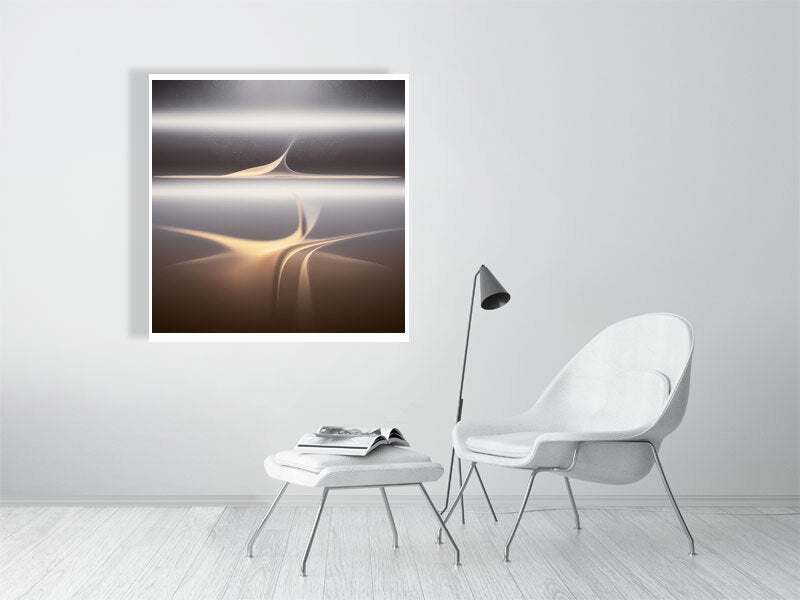 Golden Lumina - Veil Of Light by Lucas Vale – Giclée Print, 40cm x 40cm, 15.8in x 15.8in, Print Only, placed above a sleek desk in a modern workspace