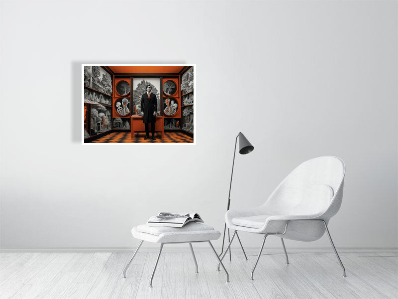 Fragments Of The Orange Labyrinth - Harbinger'S Study by Marina Sable – Giclée Print, 30cm x 53cm, 11.8in x 21.0in, Print Only, placed above a sleek desk in a modern workspace