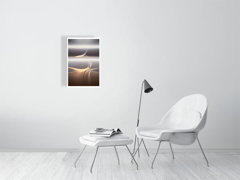 Golden Lumina - Veil Of Light by Lucas Vale – Giclée Print, 21cm x 33cm, 8.3in x 12.9in, Print Only, placed above a sleek desk in a modern workspace