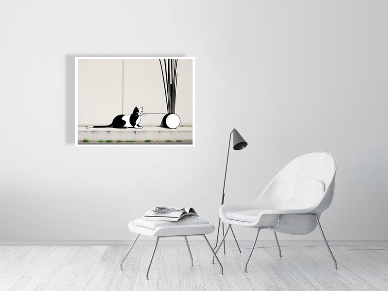 The Tale Of A Cat - Pt 1 - Linear Curiosity by Elena Selene – Giclée Print, 30cm x 30cm, 11.8in x 11.8in, Print Only, placed above a sleek desk in a modern workspace