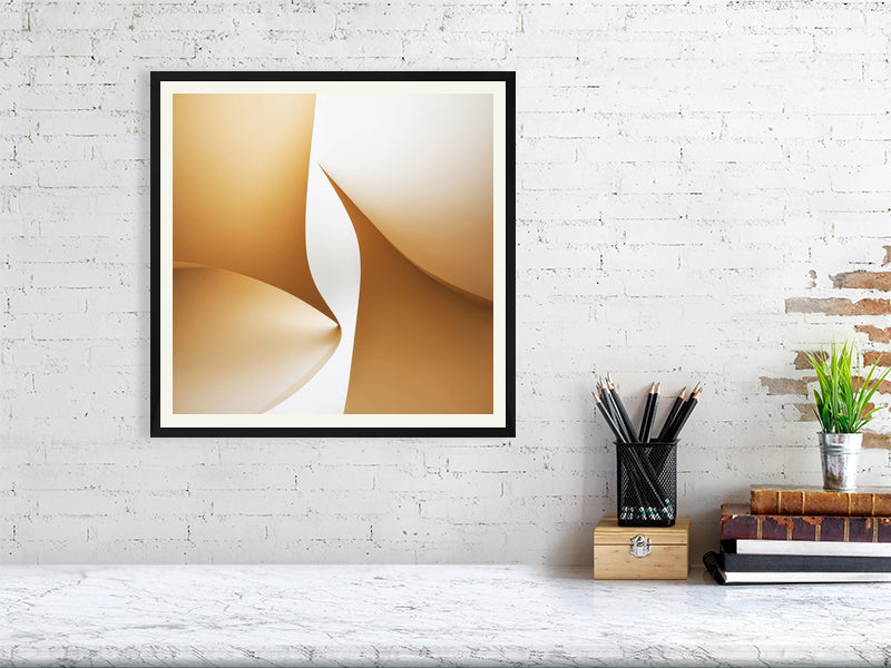 Golden Lumina - Golden Aperture by Lucas Vale – Giclée Print, 50cm x 50cm, 19.7in x 19.7in, Print Only, placed above a sleek desk in a modern workspace