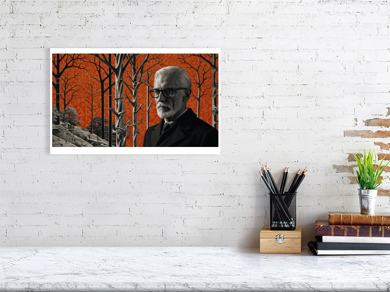 Fragments Of The Orange Labyrinth - The Watchful Grove by Marina Sable – Giclée Print, 30cm x 45cm, 11.8in x 17.7in, White Frame, placed above a sleek desk in a modern workspace