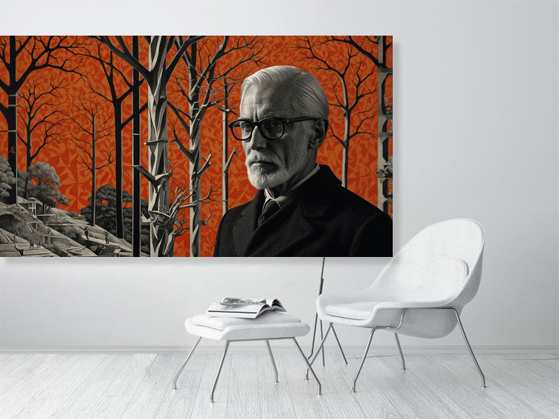 Fragments Of The Orange Labyrinth - The Watchful Grove by Marina Sable – Giclée Print, 50cm x 50cm, 19.7in x 19.7in, Print Only, placed above a sleek desk in a modern workspace