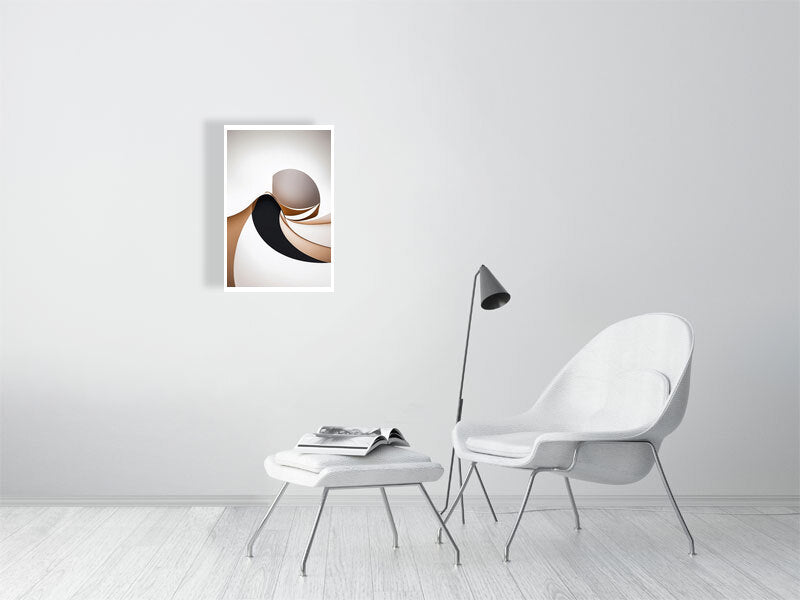 Golden Lumina - Spiral Interlude by Lucas Vale – Giclée Print, 21cm x 33cm, 8.3in x 12.9in, Print Only, placed above a sleek desk in a modern workspace
