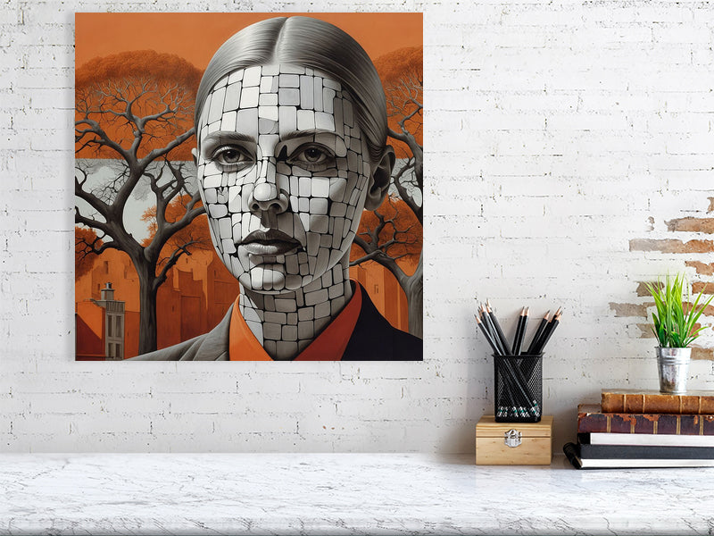 Fragments Of The Orange Labyrinth - Roots Of Identity by Marina Sable – Giclée Print, 60cm x 80cm, 23.8in x 31.5in, Black Frame, placed above a sleek desk in a modern workspace