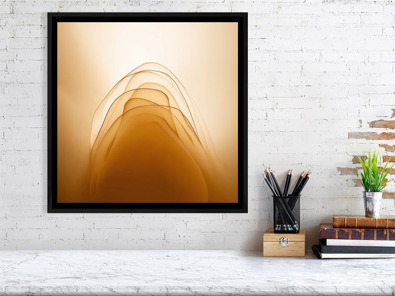 Golden Lumina - Golden Layers by Lucas Vale – Giclée Print, 42cm x 44cm, 16.3in x 17.2in, Print Only, placed above a sleek desk in a modern workspace