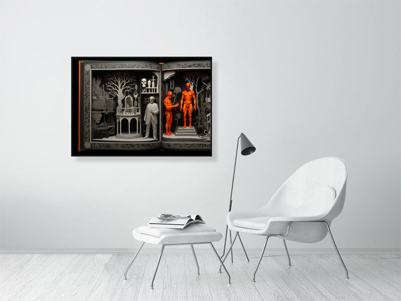 Fragments Of The Orange Labyrinth - Anatomical Eden by Marina Sable – Giclée Print, 60cm x 80cm, 23.8in x 31.5in, White Frame, placed above a sleek desk in a modern workspace