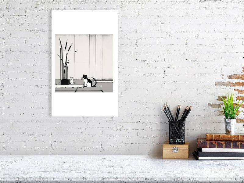 The Tale Of A Cat - Pt 1 - Companions In Stillness by Elena Selene – Giclée Print, 70cm x 100cm, 27.6in x 39.4in, Black Frame, placed above a sleek desk in a modern workspace