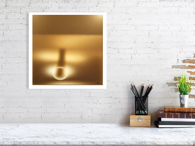 Golden Lumina - Radiant Horizon by Lucas Vale – Giclée Print, 95cm x 98cm, 37.4in x 38.6in, Print Only, placed above a sleek desk in a modern workspace