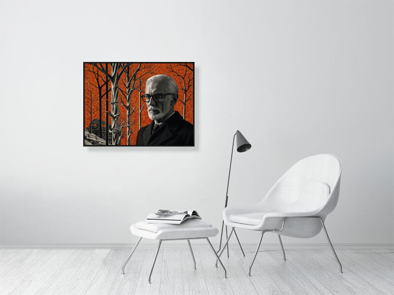 Fragments Of The Orange Labyrinth - The Watchful Grove by Marina Sable – Giclée Print, 28cm x 45cm, 11.1in x 17.7in, Print Only, placed above a sleek desk in a modern workspace