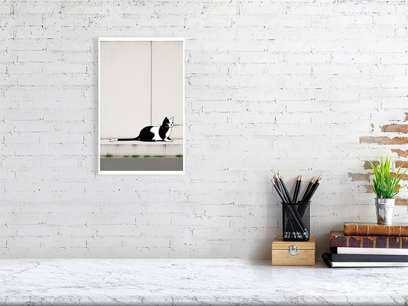 The Tale Of A Cat - Pt 1 - Linear Curiosity by Elena Selene – Giclée Print, 32cm x 40cm, 12.4in x 15.8in, Print Only, placed above a sleek desk in a modern workspace