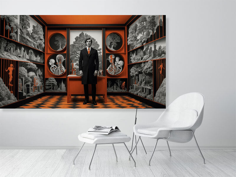 Fragments Of The Orange Labyrinth - Harbinger'S Study by Marina Sable – Giclée Print, 50cm x 50cm, 19.7in x 19.7in, Print Only, placed above a sleek desk in a modern workspace