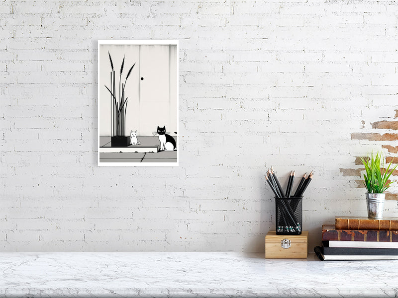 The Tale Of A Cat - Pt 1 - Companions In Stillness by Elena Selene – Giclée Print, 35cm x 41cm, 13.6in x 16.3in, Print Only, placed above a sleek desk in a modern workspace