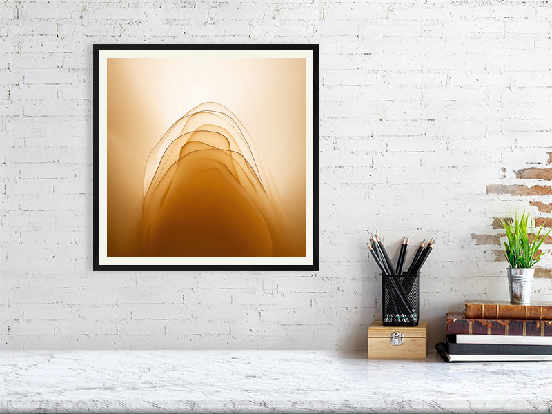 Golden Lumina - Golden Layers by Lucas Vale – Giclée Print, 50cm x 50cm, 19.7in x 19.7in, Print Only, placed above a sleek desk in a modern workspace
