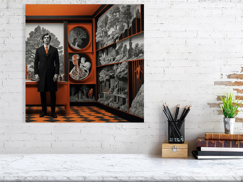 Fragments Of The Orange Labyrinth - Harbinger'S Study by Marina Sable – Giclée Print, 60cm x 80cm, 23.8in x 31.5in, Black Frame, placed above a sleek desk in a modern workspace