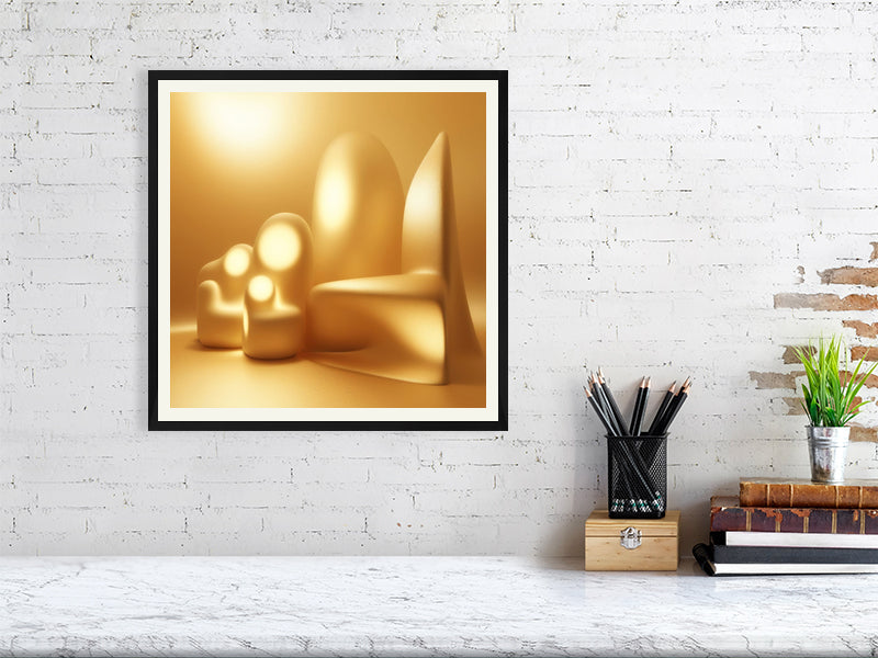 Golden Lumina - Luminous Haven by Lucas Vale – Giclée Print, 50cm x 50cm, 19.7in x 19.7in, Print Only, placed above a sleek desk in a modern workspace