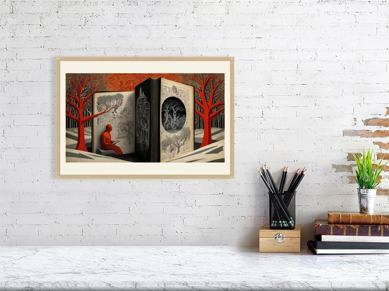 Fragments Of The Orange Labyrinth - Ethereal Library by Marina Sable – Giclée Print, 40cm x 60cm, 15.8in x 23.6in, Print Only, placed above a sleek desk in a modern workspace