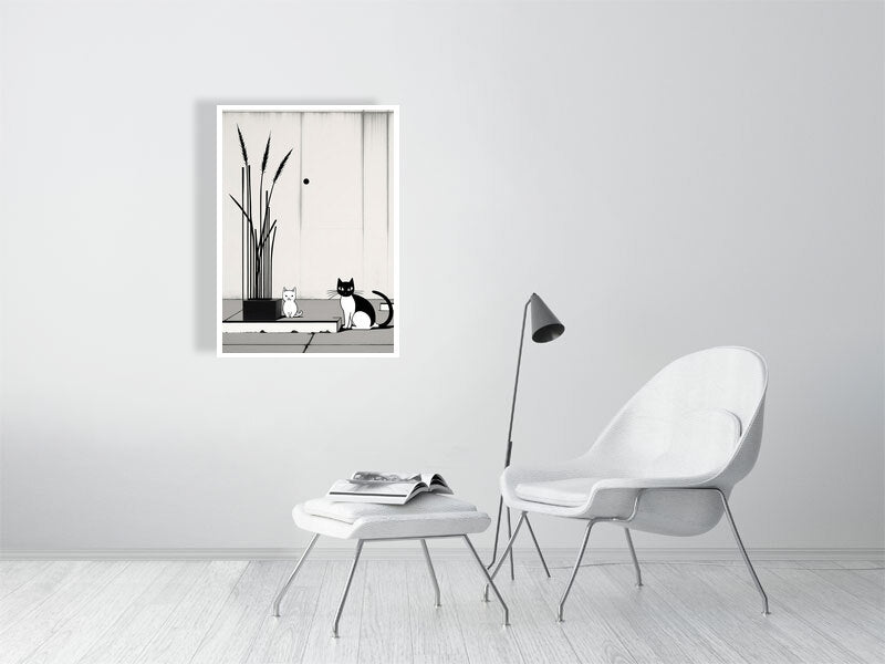 The Tale Of A Cat - Pt 1 - Companions In Stillness by Elena Selene – Giclée Print, 30cm x 30cm, 11.8in x 11.8in, Print Only, placed above a sleek desk in a modern workspace