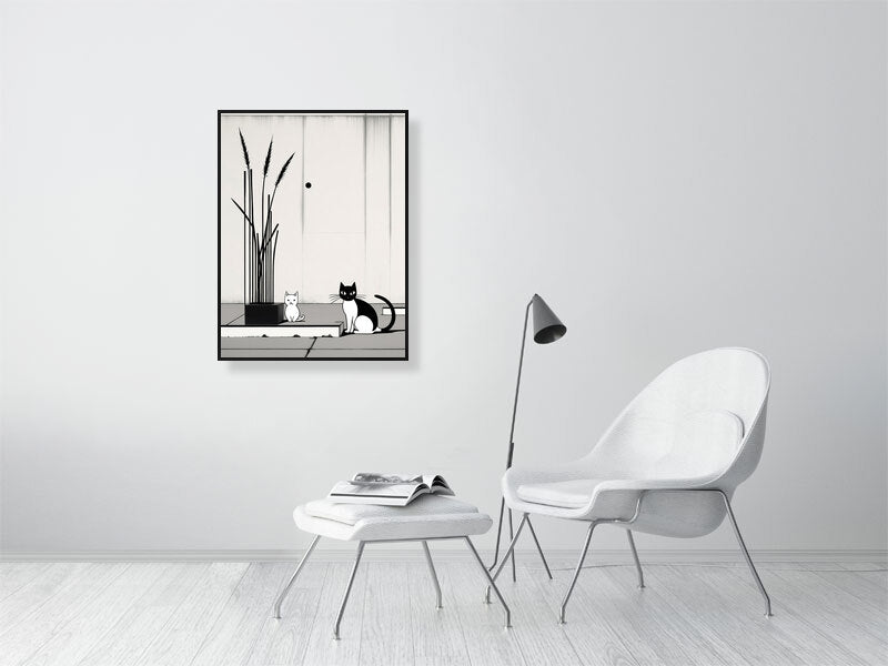 The Tale Of A Cat - Pt 1 - Companions In Stillness by Elena Selene – Giclée Print, 28cm x 45cm, 11.1in x 17.7in, Print Only, placed above a sleek desk in a modern workspace