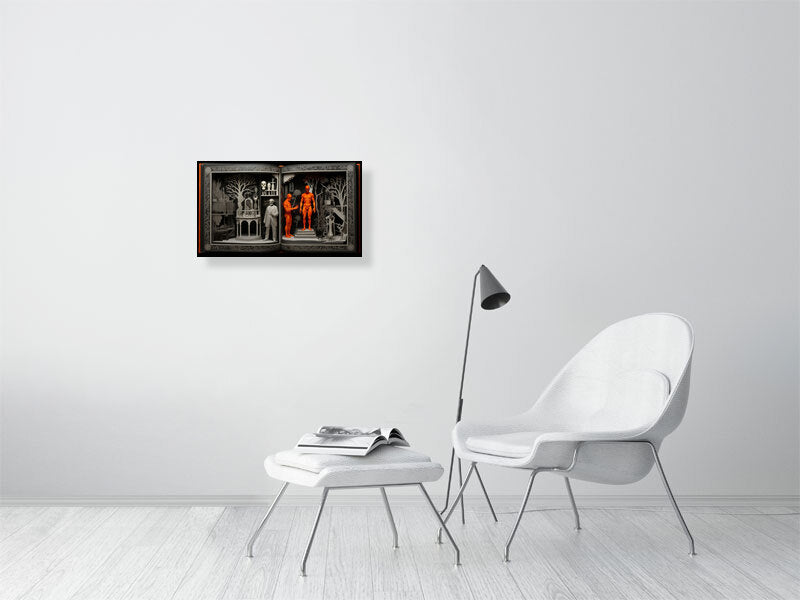 Fragments Of The Orange Labyrinth - Anatomical Eden by Marina Sable – Giclée Print, 70cm x 100cm, 27.6in x 39.4in, Black Frame, placed above a sleek desk in a modern workspace