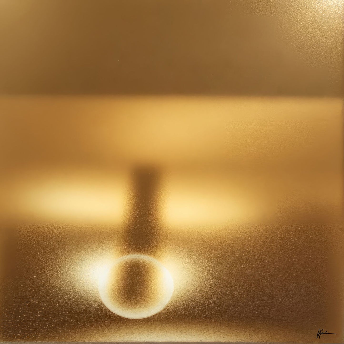 Golden Lumina - Radiant Horizon by Lucas Vale – Giclée Print, 40cm x 61cm, 15.9in x 24.0in, Print Only, placed above a sleek desk in a modern workspace