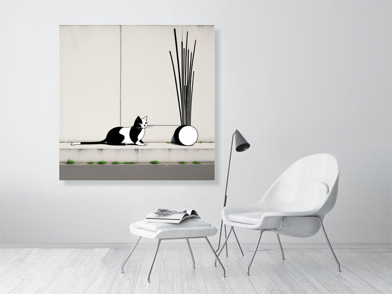 The Tale Of A Cat - Pt 1 - Linear Curiosity by Elena Selene – Giclée Print, 50cm x 50cm, 19.7in x 19.7in, Print Only, placed above a sleek desk in a modern workspace