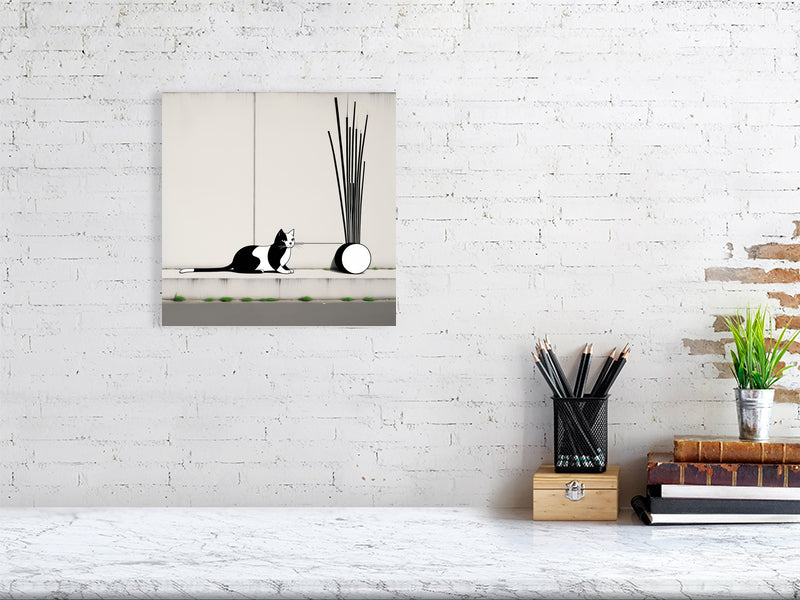 The Tale Of A Cat - Pt 1 - Linear Curiosity by Elena Selene – Giclée Print, 115cm x 115cm, 45.3in x 45.3in, Print Only, placed above a sleek desk in a modern workspace