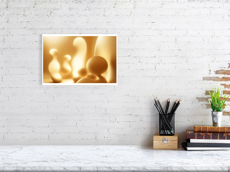 Golden Lumina - Golden Echoes by Lucas Vale – Giclée Print, 95cm x 98cm, 37.4in x 38.6in, Print Only, placed above a sleek desk in a modern workspace