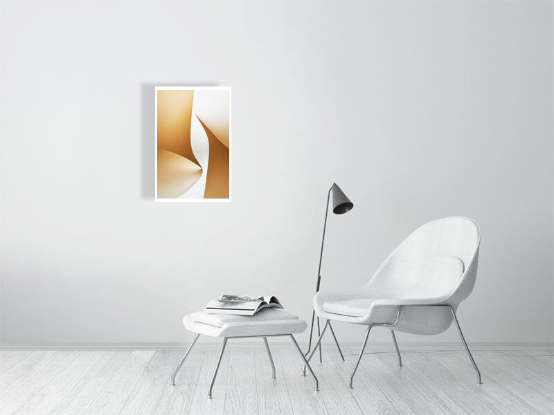 Golden Lumina - Golden Aperture by Lucas Vale – Giclée Print, 22cm x 35cm, 8.7in x 13.7in, Print Only, placed above a sleek desk in a modern workspace