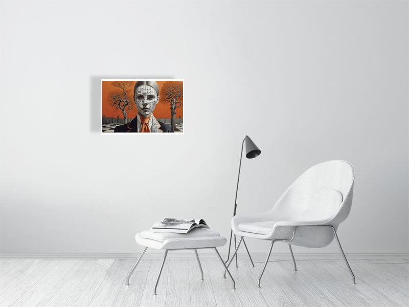 Fragments Of The Orange Labyrinth - Shattered Identity by Marina Sable – Giclée Print, 30cm x 45cm, 11.8in x 17.7in, White Frame, placed above a sleek desk in a modern workspace